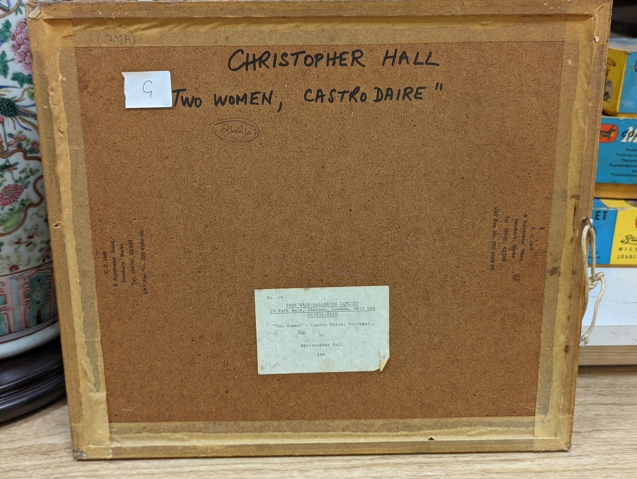 Christopher Hall (1930-), ink and pastel, 'Two Women - Castro Diare Portugal', signed and dated 1982, label verso, 21 x 28cm